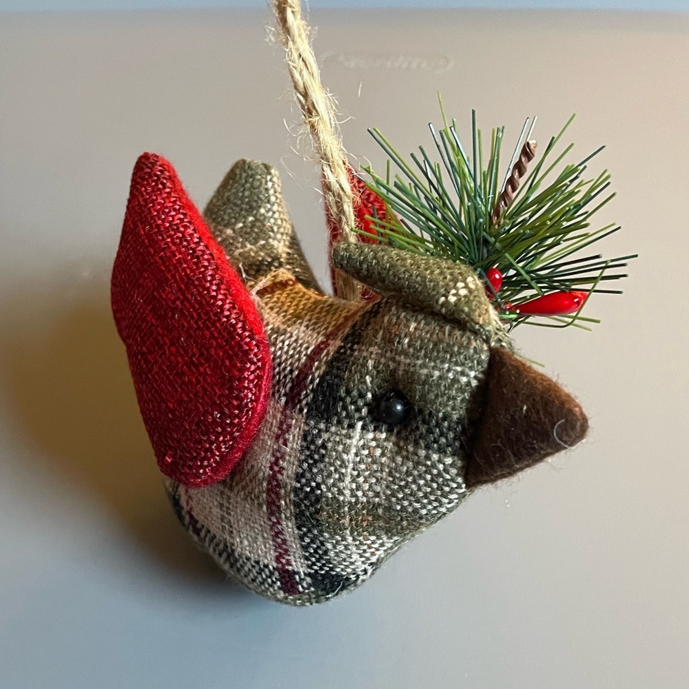 Plaid Bird W Pine Sprig & Cone Christmas Ornament Holiday Rare Vintage